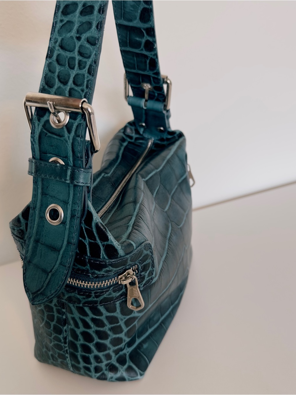 EUC Vintage Francesco Biasia Croc Embossed Teal Baguette - Y2K Gorpcore / Grunge